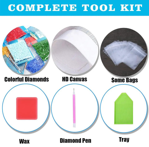 Colorful Axolotl 5D Diamond Art Kit For Adults And Beginners, Full Drill Round Diamond Painting Craft Set With Tools, Glitter Gem Painting For Home Decor, Totally Chill DIY Art Project, 13.78 By 13.78 Inches complete tool kit contents, including colorful diamonds, HD canvas, wax, pen, trays, and bags.