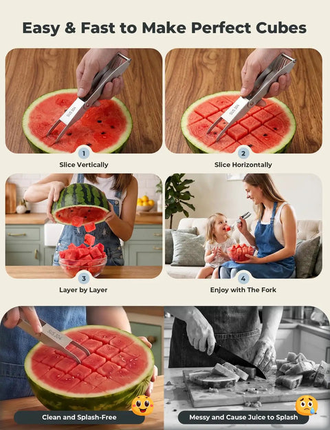 Watermelon Cutter With Retractable Fork 2 In 1 Stainless Steel Fruit Slicer Melon Cutter Tool in use slicing melon