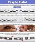 Installation guide for 6/7/8 Speed Bike Chain, showing step-by-step process for adjusting and securing the Double X Bridge design.