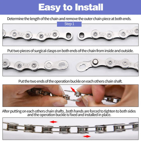 Installation guide for 6/7/8 Speed Bike Chain, showing step-by-step process for adjusting and securing the Double X Bridge design.