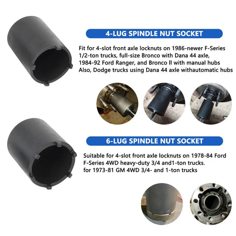 Beefy Spindle Nut Socket Set, 6 Piece Half Inch Drive Kit For Axle Lock Nuts showing 4-lug and 6-lug socket designs
