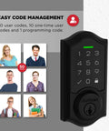 No Sweat Keyless Entry Touchpad Electronic Deadbolt Door Lock With Rock Solid Grade 2 Certified Security And Slick Capetown Finish displaying 50 user codes and programming options.