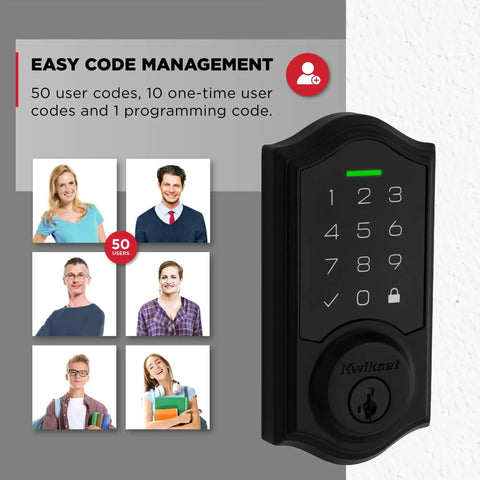 No Sweat Keyless Entry Touchpad Electronic Deadbolt Door Lock With Rock Solid Grade 2 Certified Security And Slick Capetown Finish displaying 50 user codes and programming options.