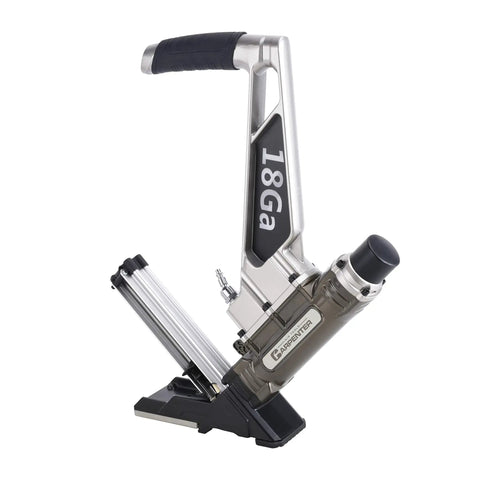 Built Tough Air Powered 18 Gauge L Cleat Flooring Nailer with a silver and black design for easy hardwood installations.