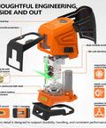 Green Laser Level 2-Line Self-Leveling Cross Line Laser With USB-C, Fast Auto Level In 2 Seconds, 3mm Accuracy At 10m, Manual Mode For Angled Layouts, High Visibility 40mW Laser Tool For DIYers And Pros. Exploded view with USB-C port, 1/4-20 mount, and battery compartment.