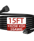 Heavy Duty Outdoor Extension Cord 15 Feet 16 AWG 3 Conductor 13A 125V SJTW Black Waterproof Weatherproof and Flame Retardant