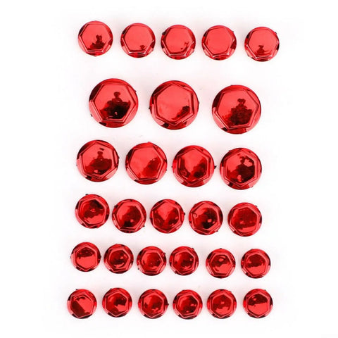 Red ABS Electroplated Hexagon Socket Screw Covers for Motorcycle 30 Piece Set in five different sizes, arranged flat