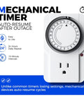 Mechanical timer with auto-resume feature, 24-hour daily repeat, 15-minute intervals, easy to use for indoor plants.