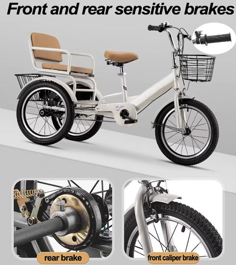 Three Wheel Pedal Tricycle With Back Seat For Kids, Belted Armrests, Front And Rear Brakes, Outdoor Cruiser Style Rickshaw.