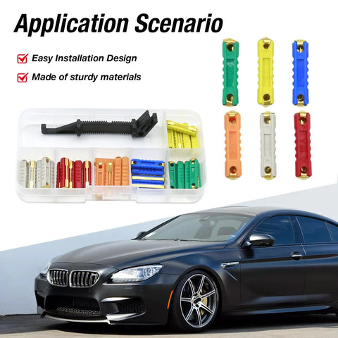 Heavy Duty 30 Piece Torpedo Fuse Assortment Kit For Classic Vintage Rides featuring assorted fuses in storage tray next to a sleek car.