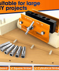 Self Centering Dowel Jig Kit With Drill Guide Bushings For Woodworking Pros, Six Hardened Steel Bushings And Drill Hole Sizes From One Quarter To One Half Inch, Dowel Jigs And Woodworking Tools For DIY Makers, shown with bushings and dowels on a wooden board