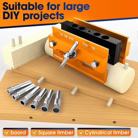 Self Centering Dowel Jig Kit With Drill Guide Bushings For Woodworking Pros, Six Hardened Steel Bushings And Drill Hole Sizes From One Quarter To One Half Inch, Dowel Jigs And Woodworking Tools For DIY Makers, shown with bushings and dowels on a wooden board