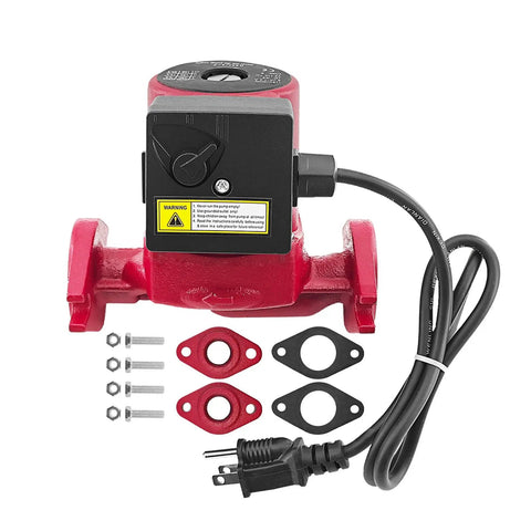 Rock Solid Three Speed Circulator Pump For Home Heating Systems With 115 Volt Motor And Cast Iron Housing features red cast iron body, motor, and gaskets.