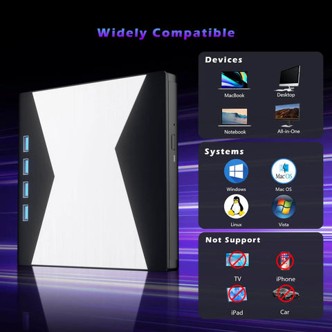 8 In 1 External CD DVD Drive With USB 3.0 And Four USB Ports And Two TF SD Card Slots Type C Compatible High Speed Data Transfer For Laptops Desktops PCs, black external optical drive