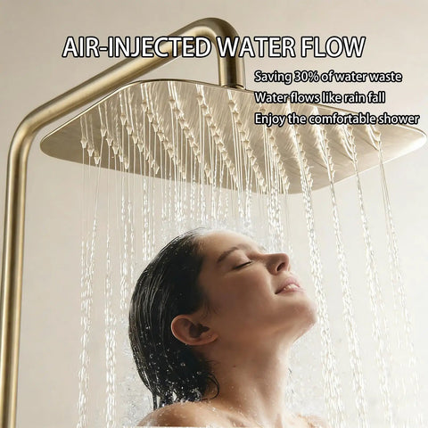 Rain Shower System with 10" Rainfall Head & Thermostatic Faucet, Wall Mounted Brass Shower Set with Handheld in use, showing air-injected water flow.