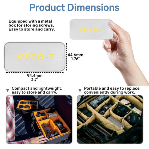 Product dimensions of Top Shelf Stainless Steel 1/4 20 Camera Screw Set, showing metal storage box and measurement details.