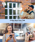 Delivery person using battery powered wireless outdoor security camera with 2-way talk; recipient replies via smartphone, 2K color night vision.