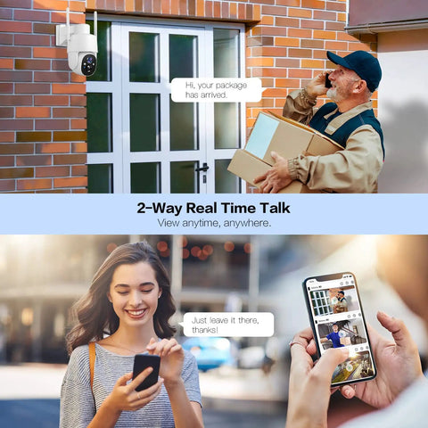 Delivery person using battery powered wireless outdoor security camera with 2-way talk; recipient replies via smartphone, 2K color night vision.