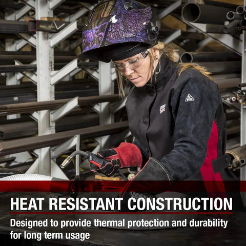 Welder wearing Lincoln Electric Jessi Combs Womens Welding Gloves for MIG Stick FCAW SMAW High Heat Leather with Soft Cotton Liner.