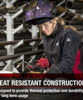 Woman wearing Women’s Welding Gloves For Stick MIG And Flux Core Welds Pro Grade Heat Resistant Leather With Soft Cotton Liner