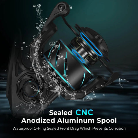 Verus Spinning Fishing Reel Size 4000 Black Gear Ratio Six Point Two To One in water with sealed CNC anodized aluminum spool
