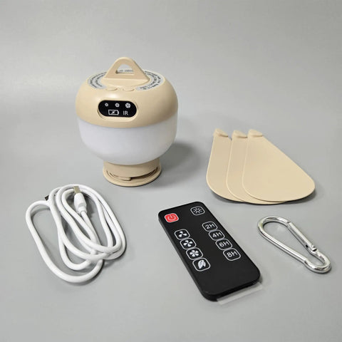 Portable Camping Fan With Light And Remote For Tents And Outdoors, Rechargeable Wireless Hanging Ceiling Fan with accessories.