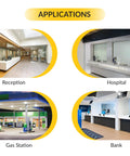 Four application images showing product use in reception, hospital, gas station, and bank settings.