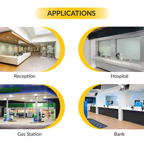 Four application images showing product use in reception, hospital, gas station, and bank settings.