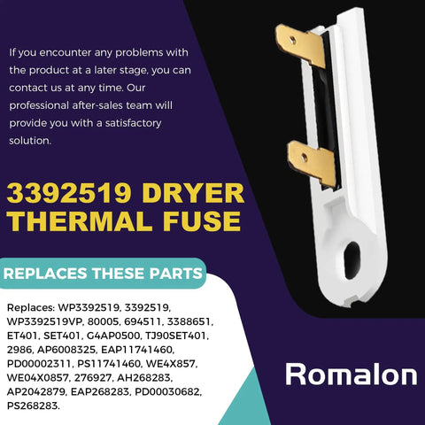 Romalon 3392519 dryer thermal fuse replacement part shown with product details.
