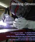 Front view of 13.5-inch white cowhide leather welding gloves worn by a welder during MIG welding.