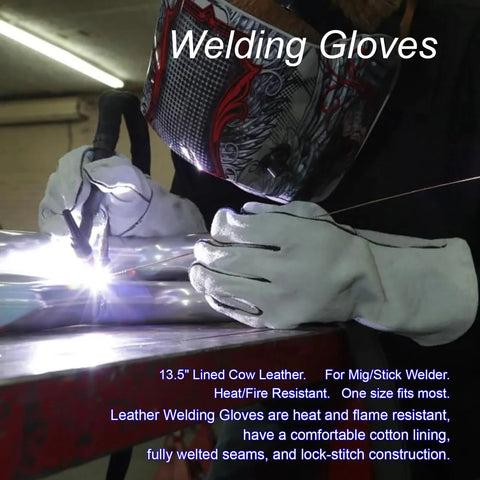 Front view of 13.5-inch white cowhide leather welding gloves worn by a welder during MIG welding.