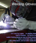 Welder using Pro Grade Welding Tools Kit with heat resistant leather gloves and welding torch; focus on gloves and torch.
