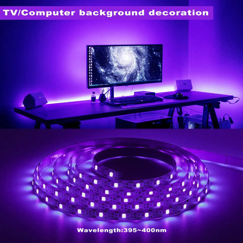 6.6ft Black Light LED Strip With 120 LEDs USB Powered 5V 1.5m Cable Flexible Non Waterproof UV Light Kit illuminating a computer setup