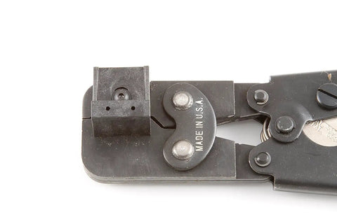 Close-up of the Ratcheting Weather Pack Metri Pack Crimping Tool For Positive Crimp On 14 To 20 Gauge Terminals Durable Blue Handle Precision Automotive