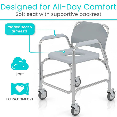 Real Deal Rolling Shower Chair With Slick Glide Casters Doubles As Raised Toilet Riser For Bathroom Mobility Heavy Duty Frame And Zero Stress Assembly
