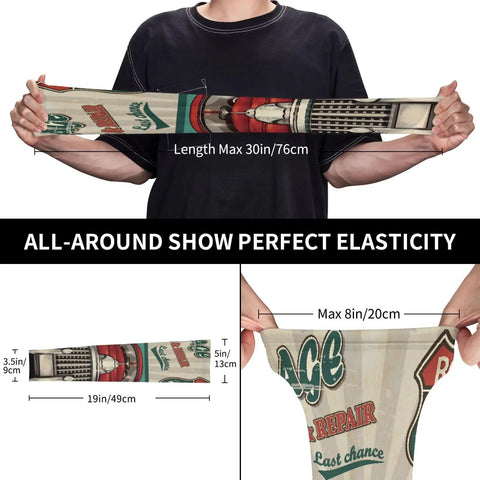 Fresh Retro Garage Mechanic Arm Sleeves With Thumb Holes UPF Sun Block stretched to show elasticity and dimensions on a model's arms.