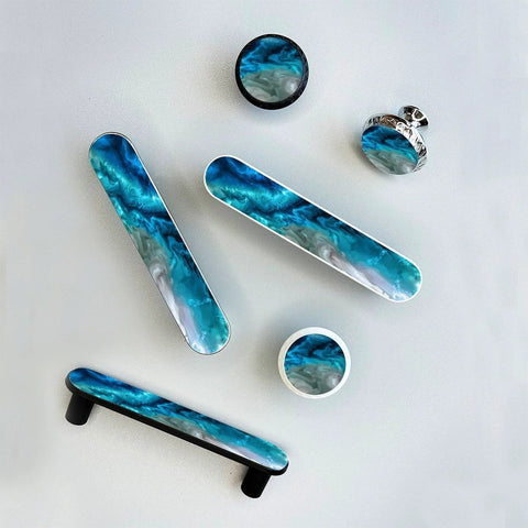 Four Pack Aqua Aquamarine Blue Water Cabinet Handles Three And Three Quarters Inch Hole Centers Black Drawer Pulls Top View