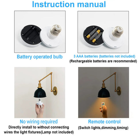 Instruction manual for Two Pack Battery Operated LED Light Bulbs With Remote Control, showing installation and remote control use.