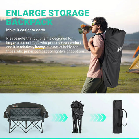 Man carrying oversized double camping chair with portable folding frame and built-in cooler bag for two, plush cushions, easy setup