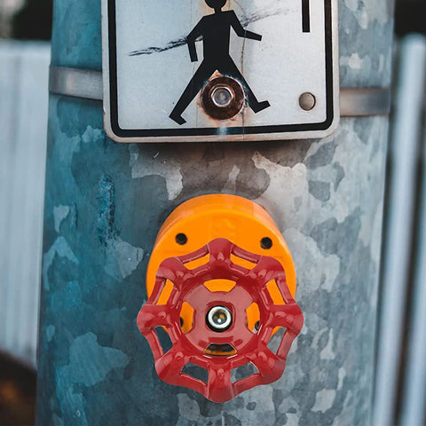 Heavy Beefy 150mm OD Outside Faucet Round Wheel Handle Replacement Gate Valve Handwheel Water Spigot Globe Switch Handle Red Cast Steel 12x12mm Square Broach on metal post.