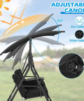 Two Person Porch Swing With Canopy Outdoor Swing With Pivot Storage Table Cooler Bag showing adjustable sun-resistant canopy angle.