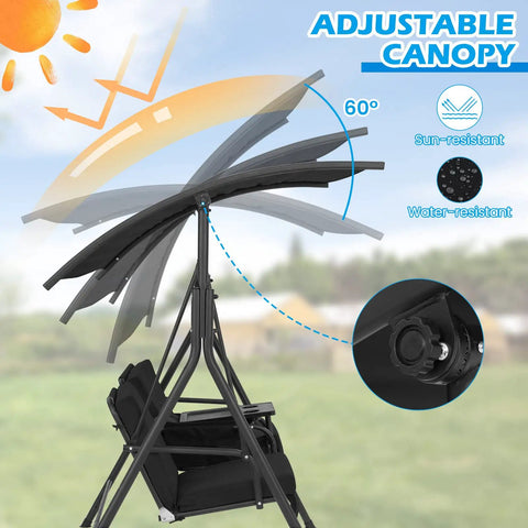 Two Person Porch Swing With Canopy Outdoor Swing With Pivot Storage Table Cooler Bag showing adjustable sun-resistant canopy angle.