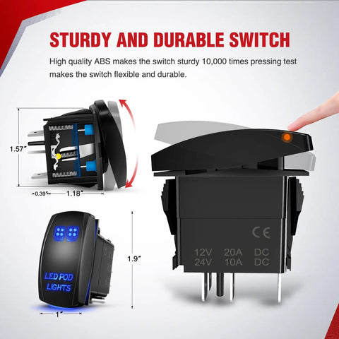Led Pod Lights Wiring Harness Kit With 12V 5Pin Rocker Switch SPST showing dimensions and sturdy design