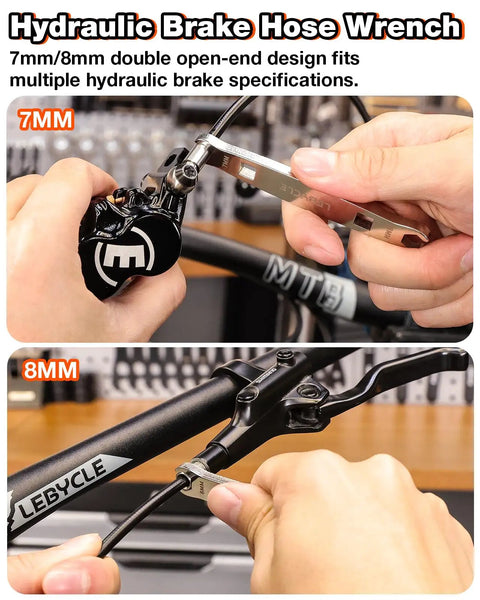 3 In 1 Hydraulic Brake Tool For Bikes Hose Cutter Needle Driver And 7 8mm Brake Line Wrench in use on bike handlebars