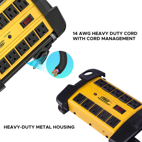 Heavy Duty 10 Outlet Power Strip With Beefy Metal Housing, 15 Amp, 125V, 15 Ft Cord, 2800 Joules Surge Protection, ETL Listed