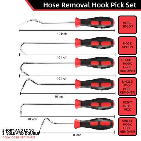 VASTOOLS Hose Removal Hook Pick Set, 6-piece, 10-in and 8-in steel hooks with red/black ergonomic handles for radiator hoses