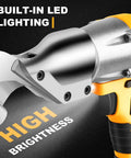 AUTOJARE Cordless Metal Shear Brushless Cutter 295 Ft Lbs Torque With 360 Degree Pivoting Head showcasing built-in LED lighting.