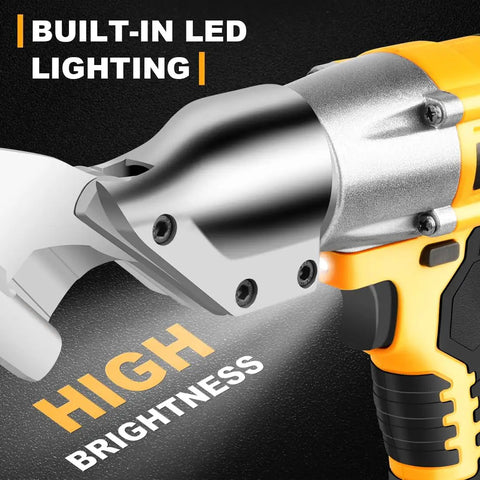 AUTOJARE Cordless Metal Shear Brushless Cutter 295 Ft Lbs Torque With 360 Degree Pivoting Head showcasing built-in LED lighting.