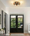 Cool 4 Light Sputnik Ceiling Light Fixture Black Flush Mount With Wood Base, Modern Farmhouse Style in hallway ceiling