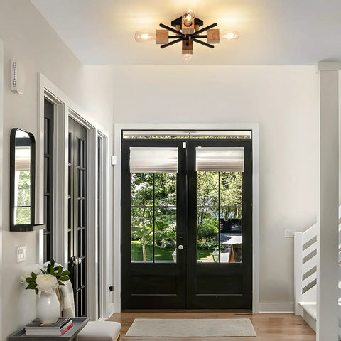 Cool 4 Light Sputnik Ceiling Light Fixture Black Flush Mount With Wood Base, Modern Farmhouse Style in hallway ceiling